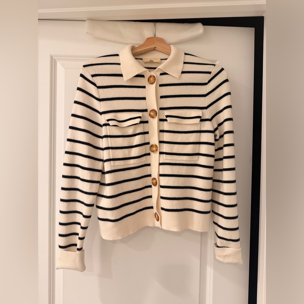 Sezane Betty Navy Striped Button-Up Cardigan - Picture 4 of 11
